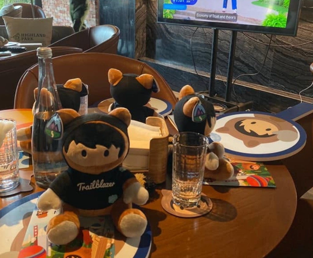 Salesforce Trailblazer plush toys on a lounge table