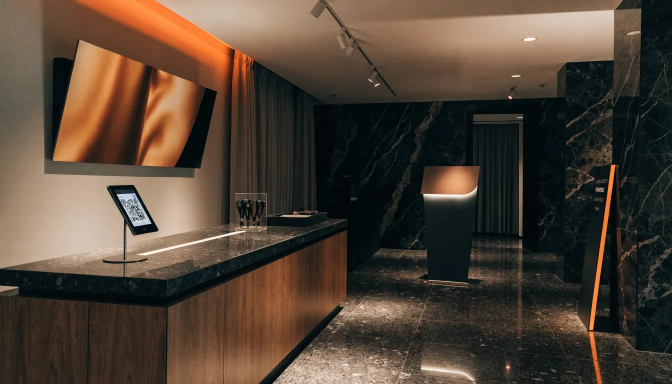 Hotel registration desk with QR check-in kiosk for event audience acquisition