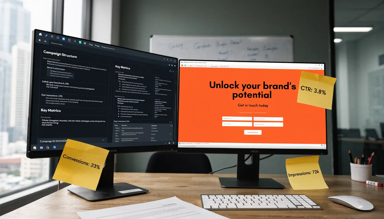 Dual monitors showing paid search campaign structure and a landing page