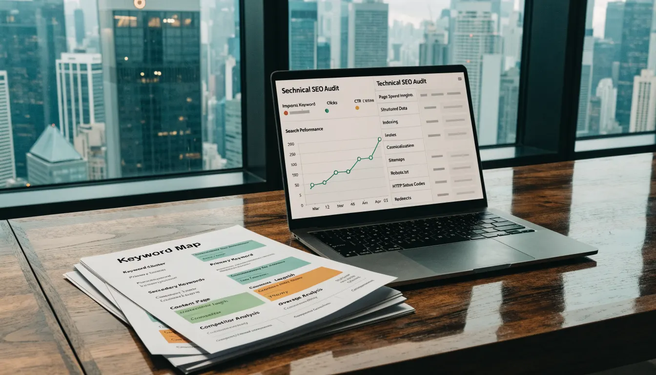 Laptop showing an anonymised technical SEO audit and search performance report