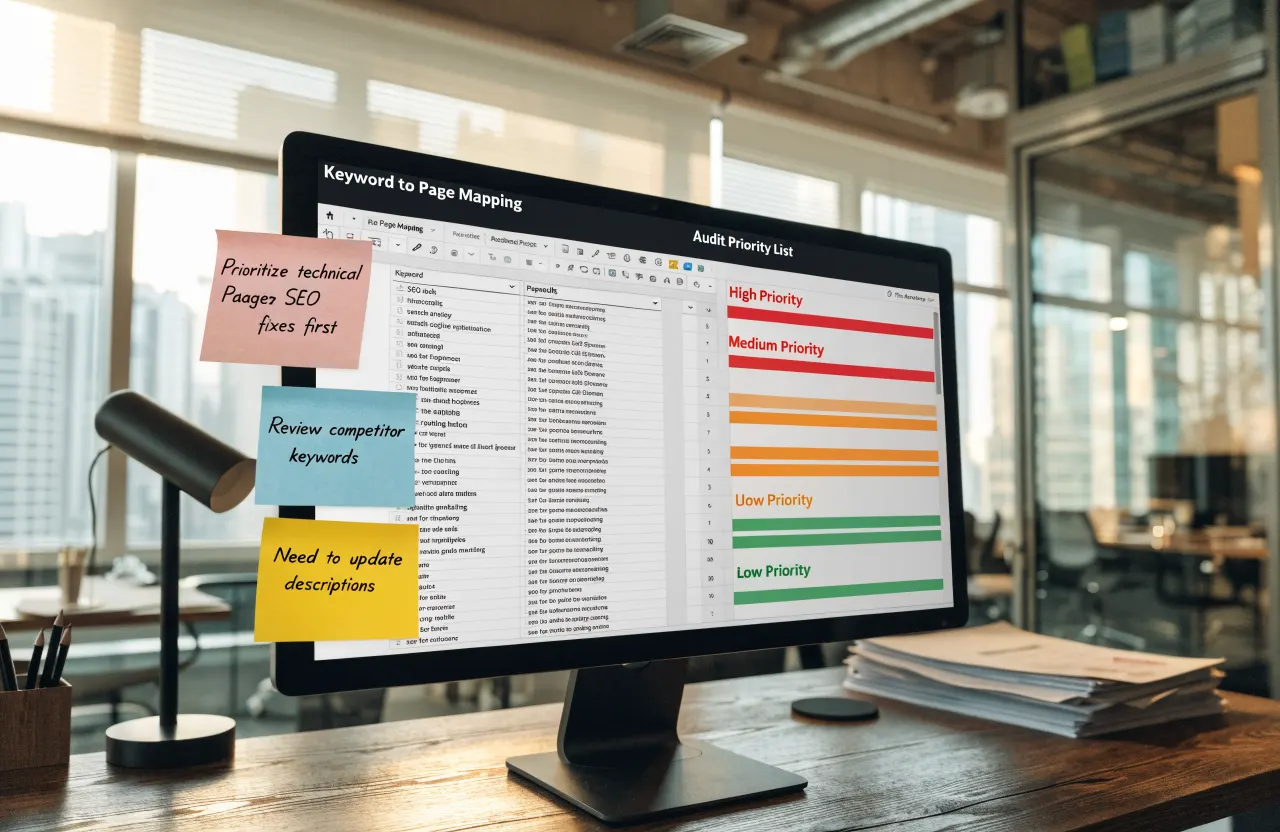 SEO keyword-to-page mapping and implementation priorities