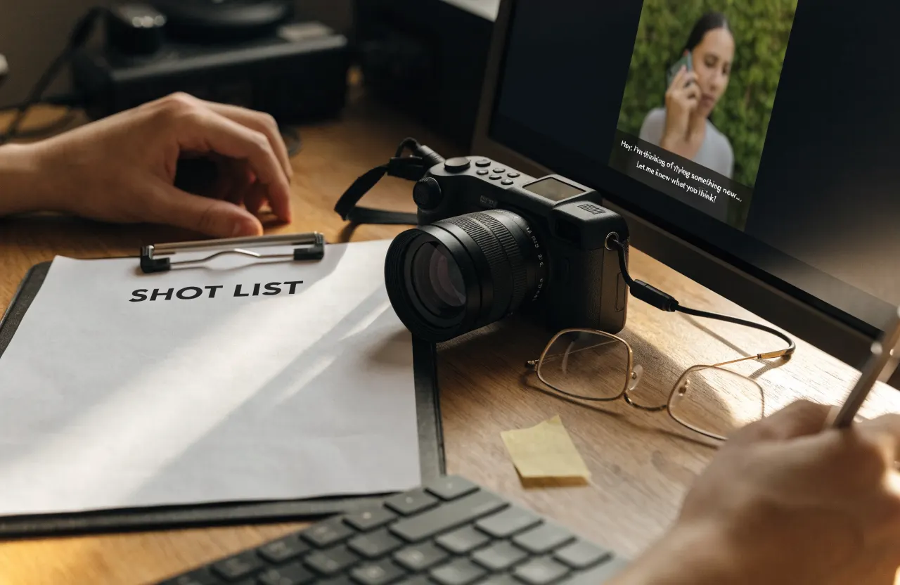 Short video shot list, camera and captioned edit on a monitor