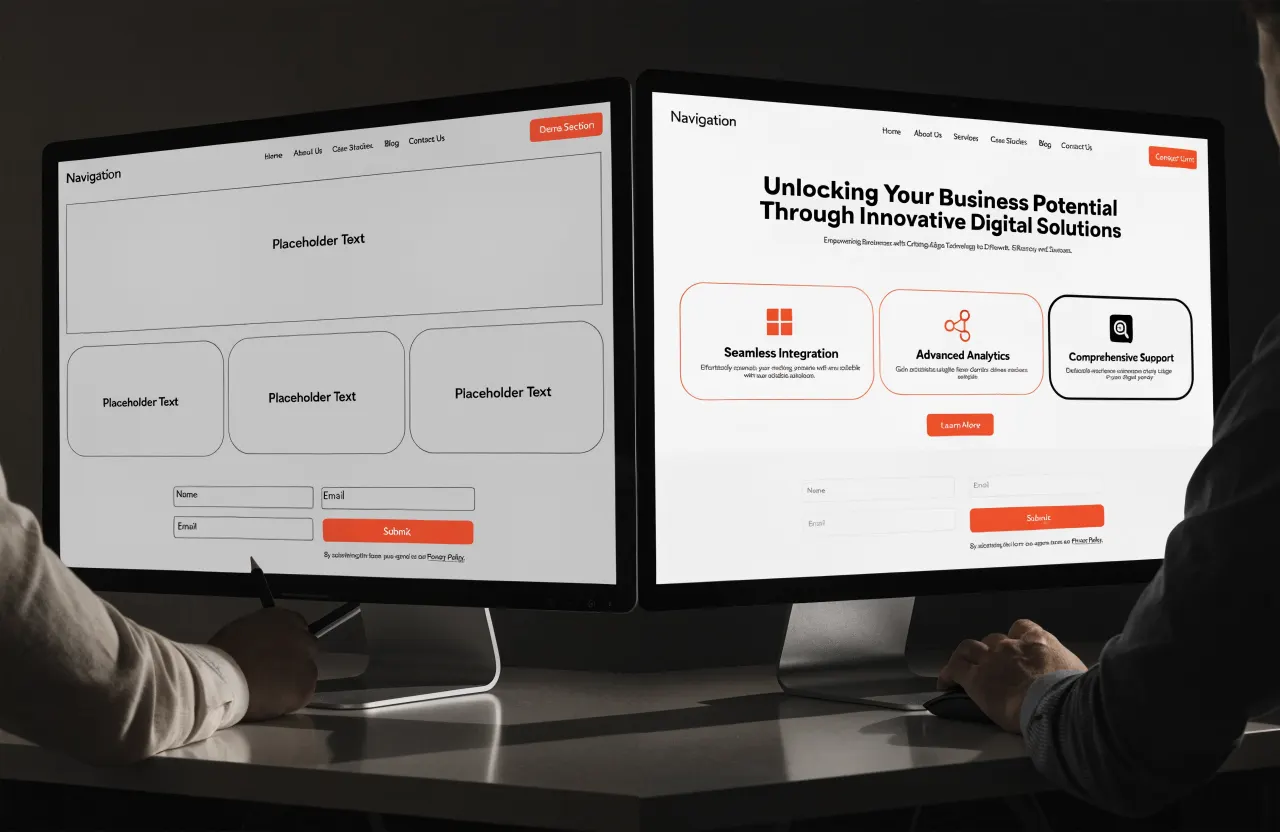 Website wireframe beside a completed interface design